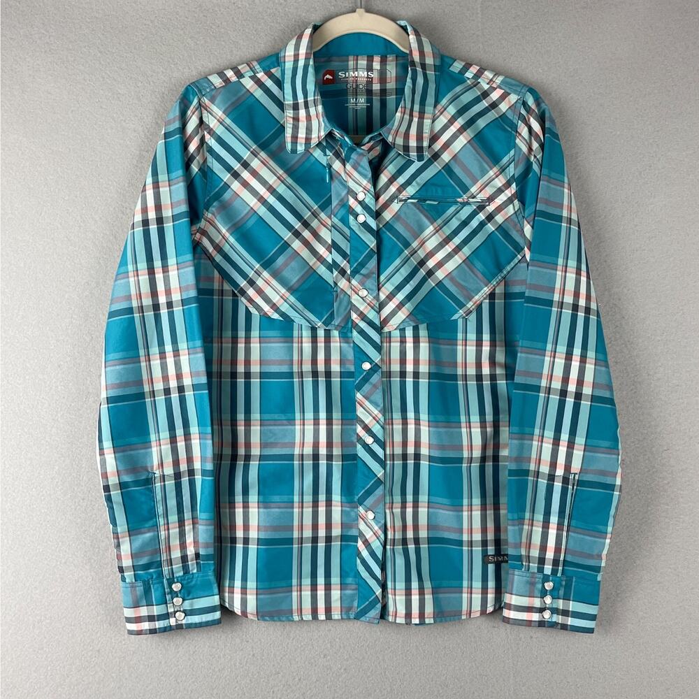 Simms Fishing Shirt Womens Medium Plaid Nylon Pearl Snap Western Outdoors